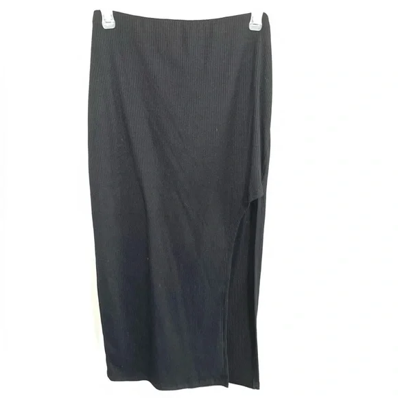 Ninexis Black Ribbed Knit Midi Skirt M High Slit Bodycon Stretch Edgy - Picture 2 of 7